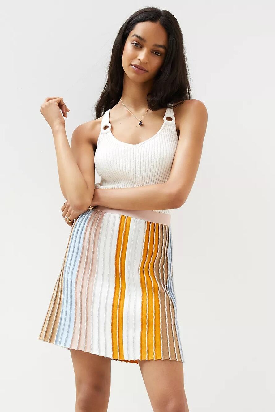 Eva Franco Pleated Knit Metallic Pastel Stripe Mini Skirt Size Large